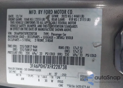 2015 Ford Fusion Se z USA, uszkodzony, nr VIN 3FA6P0H7XFR228738